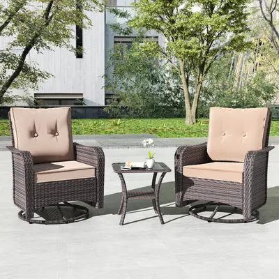 Kullavik 3-Piece Patio Sofa Set, Outdoor Furniture with 4-in Thick Cushions, 360-Degree Swivel Rocking Chairs and Rattan Side Table for Garden, Porch,summerwins