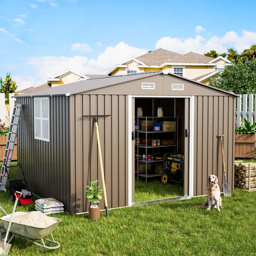 [2 Packages Delivery] Kullavik Waterproof Metal Lockable Garden Steel Backyard Storage Shed with Door, Ramp Plate for Outdoor, Garden, Backyard, Lockable Garden Shed, Steel Backyard Shed
