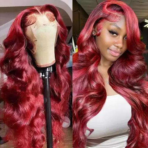 BLING HAIR Women's Burgundy Luxury 13x6 Frontal Lace Human Hair Wig, Long Body Wave Brazilian, 180% Density, Heat Resistant, 30-36 Inch Body Wave Wigs for Soft Natural Look, Lace Front Wig, Brazilian Hair sohochic