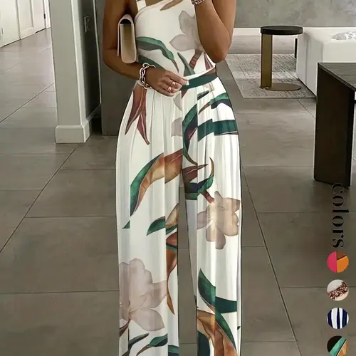 Women's Floral Print Ring Linked Asymmetrical Neck Sleeveless Plicated Jumpsuit, Boho Casual High Waist Wide Leg Jumpsuit for Summer