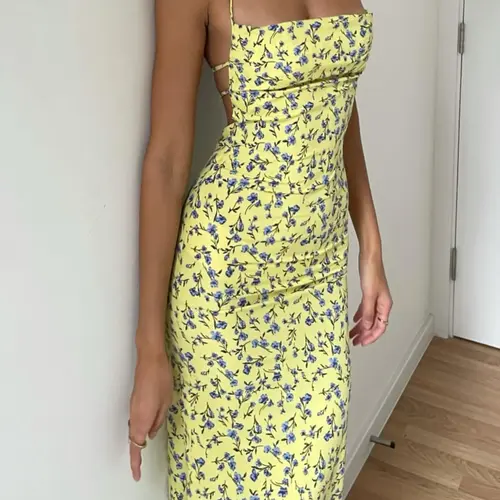 Women's Ditsy Floral Print Backless Split Thigh Cami Dress, Summer Outfits 2024, Casual Tie Back Halter Neck Long Dress for Summer, Fashion Women's Dress for Beach Holiday Piece