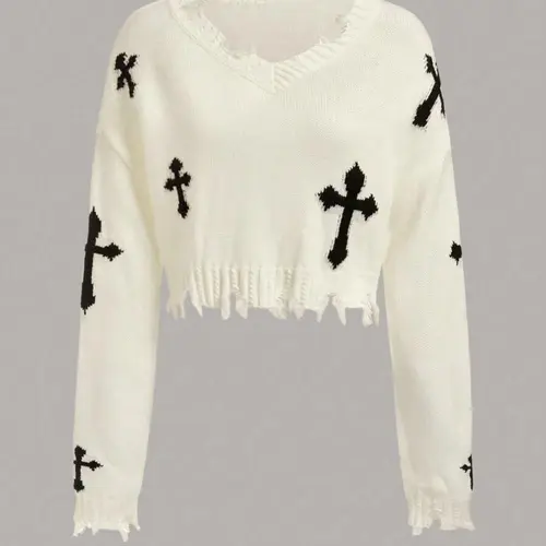 Women's Geometric Cross Print Ripped Drop Shoulder Loose Crop Sweater, Street Fashion Style Long Sleeve V Neck Jumper for Daily Outdoor Wear, Ladies Stretchy Knitwear for Spring & Fall Clothes, Casual Sweater for Women, Garment