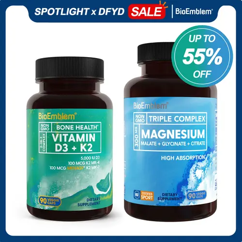 BioEmblem Triple Magnesium Complex + Vitamin D3 Dietary Capsules - Kosher & Halal Magnesium Blended Vitamins and Minerals Supplements, High Potency Bone Health Support, Heart & Immunity Aid, High Potency Supplement, Bone Health Blended Vitamins And Minera