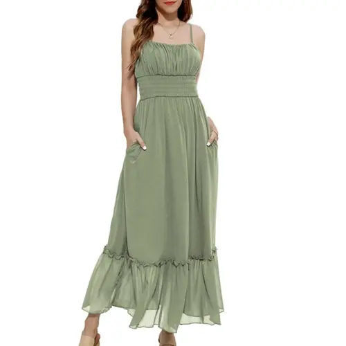 Grace Karin Women's Summer Maxi Dress, Casual A-Line Chiffon Sundress with Spaghetti Straps, Smocked Bust, Flowy Ruffle Hem and Pockets, Casual Wear