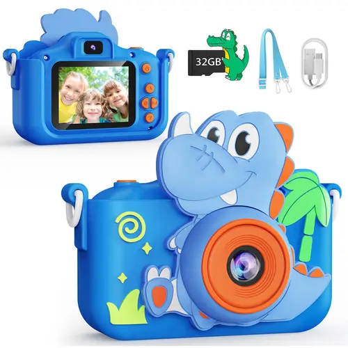 KOKODI Kids' Digital Dinosaur Fun Camera Toy - 1080P Dual Camera, 2-inch IPS 240*320 Screen, 32GB SD Card, Selfie Function, Puzzle Games, MP3 Player, 28 Stickers, 6 Filters, Eye Protection, Cells, Batteries, Protective Design, Christmas/Birthday Gift