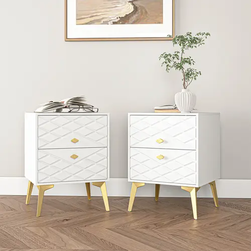 Spaco 2-Piece White Mid-Century Modern Nightstand Set - 2-Drawer, Golden Metal Legs, Wood Finish, Particle Board + MDF Accent End Tables, Bedroom Furniture, Bedroom Decor