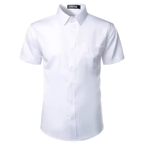 ZEROYAA Men's Slim Fit Short Sleeve Button-Up Dress Shirt - Urban Casual Chic Style, Simple Design, Pocket Detail, Premium Fabric, Beige, Purple