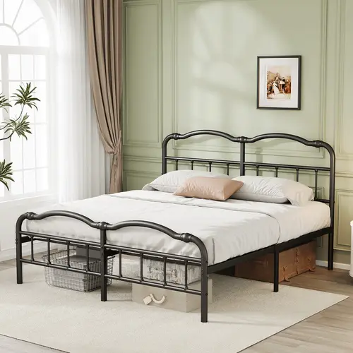 Aardhen Sturdy Platform Bed Frame, 14" High Double Wave Vintage Style, No Box Spring, Anti-Sway Heavy-Duty Steel Slat Support (2000-3500lbs), Easy Assembly Bedroom Furniture for Queen, King Size, California King Beds, Bed Frame King Size