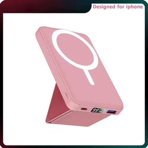 Podoru MagSafe Foldable Silicone Wireless Magnetic Power Bank 10000mAh with Fold-Out Stand, USB-C Cable, Manufacturer Warranty, Charging Protection for iPhone 17/16/15/14/13/12 Series (Pink) - Mobile Phone Accessories, Portable Charger