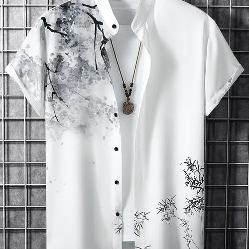 Men's Casual Floral Print Button Front Shirt, Short Sleeve Stand Collar, Spring Summer Fashion, Comfortable Daily Wear, Floral Print Shirts