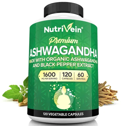 Nutrivein, Organic Ashwagandha Capsules, Dietary Herbal Supplement, Stress & Mood Support Adaptogen Formula, Vegan Capsules, 1600mg, 120 Capsules, 2 Capsules Daily