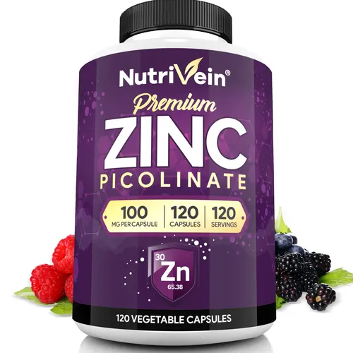 Nutrivein, Zinc Picolinate Capsules, Dietary Mineral Supplement, Plant-Based Nutrition Formula, Daily Wellness Support, 120 Capsules, 100mg, 2 Capsules Daily
