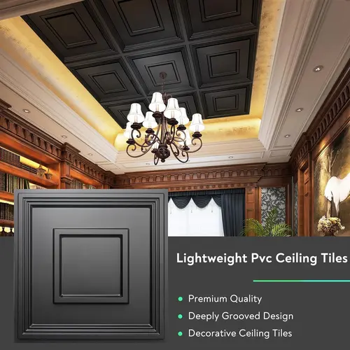 STICKGOO Pack of 12 Tiles PVC Ceiling Tiles, 2'x2' Glue Up Ceiling Panel White (12-Pack) to Prevent Breakage Cover 48 Sq. Ft - Black