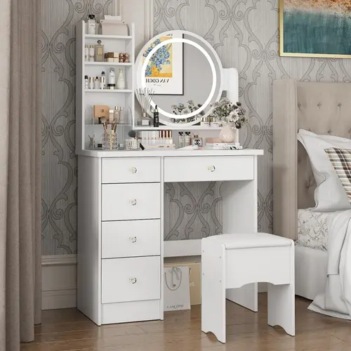 FUFU&GAGA Upgraded Crystal Handle Modern Vanity Table - Lighted Vanity Desk with Mirror, 5 Drawers, 3 Adjustable Lighting Options (Warm White Included), Cushioned Stool, Engineered Wood Furniture for Bedroom Dresser Organization