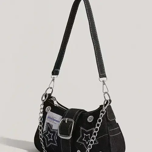 Women's Y2K Underarm Bag, Star Patched Shoulder Bag with Buckle Belt & Chain Detail, Vintage Trendy Purse for Everyday Use