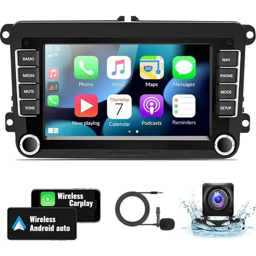 7” Double Din Android Car Stereo Media Player (4+64GB) for VW Volkswagen Seat Golf Passat Jetta Beetle Tiguan Touran EOS, Car Accessories with Bluetooth Radio, CarPlay, Android Auto, GPS Navigation, WiFi, FM, Backup Camera, MIC, Father’s Day Gift, Car Med