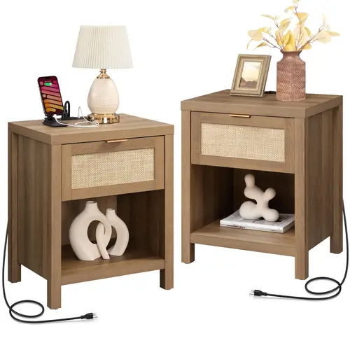 SICOTAS 2-Piece Boho Rattan Nightstand Set - End Table, Overbed Bedside Table with Charging Station, Drawer, USB-Type-C Ports, Rustic Wood Farmhouse Space-Saving Indoor Furniture for Small Bedrooms, Rustic Wood Table