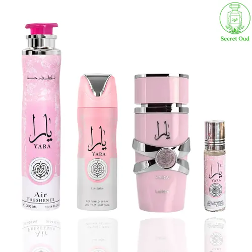 Yara Perfume (3.40z) + Yara Deodorant (6.67oz) + Yara Air Freshener (10.0 oz) + Yara Roll-on (0.34oz) by Lattafa