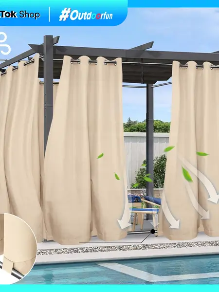 Easy-Going SummerVibes Patio Curtains - Waterproof, Windproof, Thermal Insulated Pool Curtain with Grommet Top and Tab Bottom for Patio, Pergola, Thermal Insulated Curtain