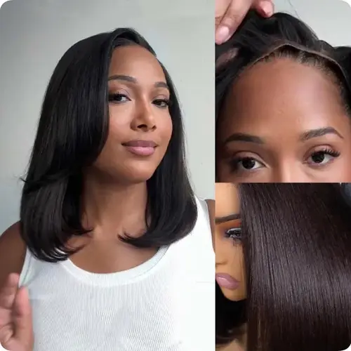 【Silk Press Look】Wear & Go Yaki Straight Glueless Bob Wig Pull Go Pre Cut Lace Wig Natural Human Hair Wig Pre-Everything Wig #1B 180% Density Glueless Lace Black Yaki Bob Bleached Knots Wig#summerwins