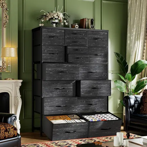 Raybee Furniture 12/16-Drawer Bedroom Dresser, Tall Fabric Storage Organization Unit with Sturdy Metal Frame Supports Daily Use & Wooden Top, Space-Saving, Easy to Assemble & Clean for Bedroom Closet