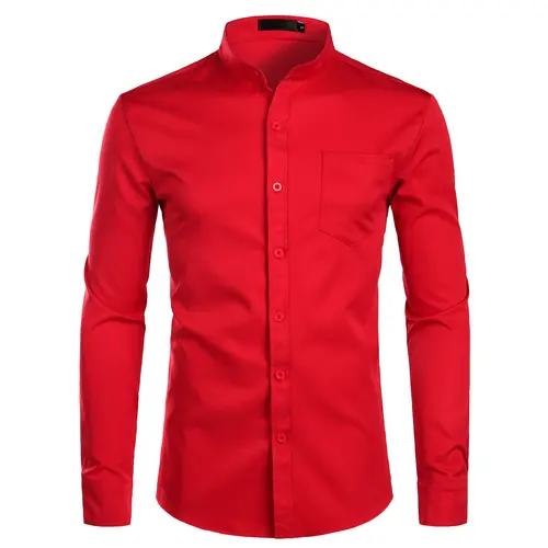 ZEROYAA Men's Red Banded Collar Slim Fit Long Sleeve Casual Button-Down Dress Shirt with Chest Pocket, Breathable Polyester Fabric, Soft Top for Casual Events (Button Closure)