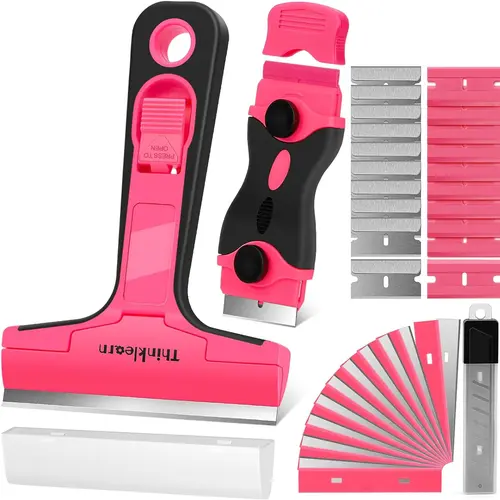THINKLEARN Razor Blade Scraper Tool Kit - 2 Pink Sticker Scrapers for Glass Stoves, 40 Replacement Blades for Decal, Label, Adhesive Removal from Windows, Countertops, Sticker Scraper