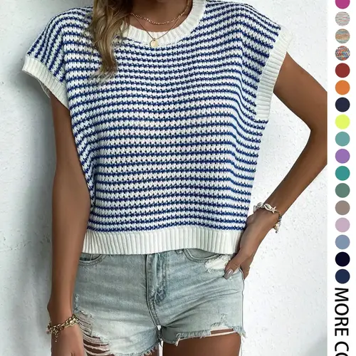 Women's Elegant Striped Knitted Vest Top for Summer, Fashion Versatile Round Neck Cap Sleeve Casual Oversized Loose Fit Knitwear, Womenswear