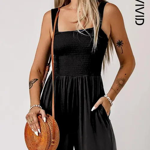 Women's Plain Pocket Shirred Tank Romper, Fashion Casual Square Neck Sleeveless Romper for Daily Outdoor Wear, Summer Outfits 2024, Ladies Clothes for Summer, Square Neck Rompers