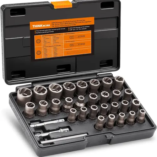 【BackToSchool】THINKWORK Upgrade Bolt Extractor Set, 32 Counts Impact Bolt & Nut Remover Set, Stripped Lug Nut Remover for Removing Damaged, Frozen, Rusted Universal Impact impact bolt