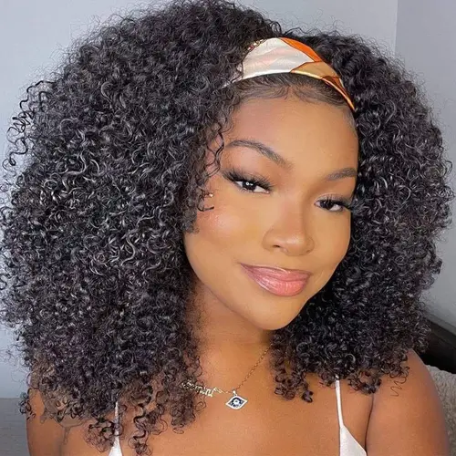 OQ HAIR Headband Wig Human Hair No Gel No Glue Afro Kinky Curly Scarf Wig With Headband 180% Density