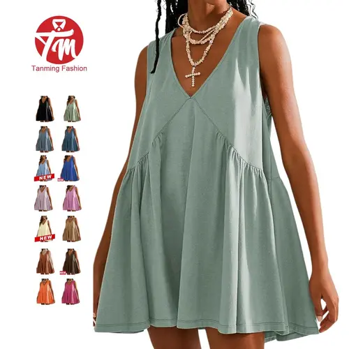 Tanming Women's V-Neck Tank Sundress | Springfresh Casual Flowy Sleeveless A-line Mini Dress with Two Side Pockets, Layer with Mesh Tops on Chilly Days or Wear Alone for Spring,Summer Outfits Vneck Bluegrey Womenswear,summerwins