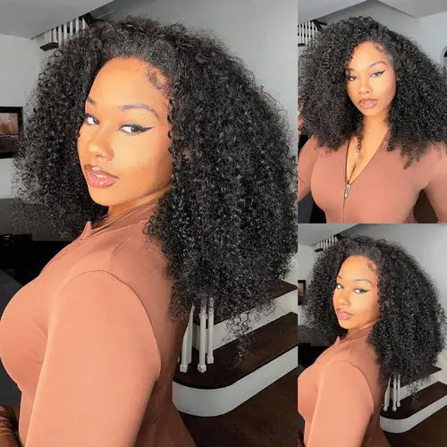 BLING HAIR Women's 3-in-1 Flip Over Glueless Kinky Curly Half Wig, 250% Density Machine-Made Human Hair Extension, Heat Resistant Natural Color Back to School Accessory, Kinky Curly Wig sohochic