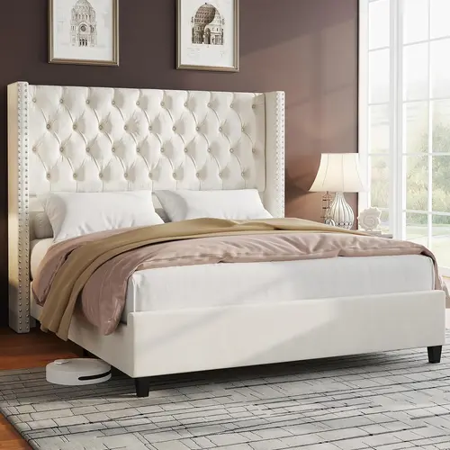 Amerlife Velvet Upholstered Modern Queen Wood Platform Bed Frame - 51.6" Tall Wingback Headboard, Deep Button Tufted, Padded High Profile Furniture, Silent, No Box Spring Needed, SummerVibes/Christmas Gift, Modern Bedroom Upgrade #homemakeover