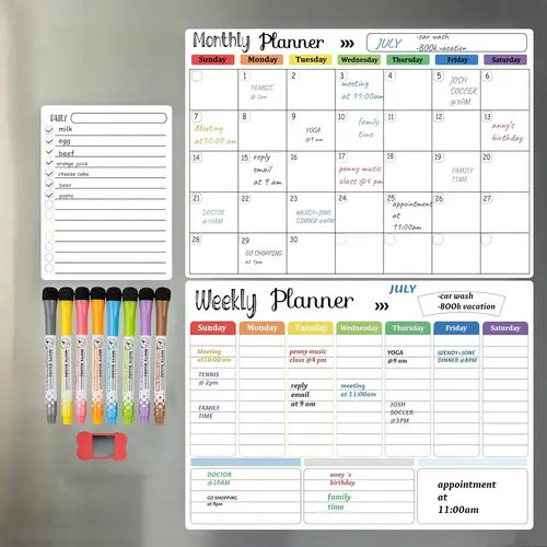 HIVILLEXUN Magnetic Dry Erase Horizontal Calendar Whiteboard Set - Office Stationery Supplies with Weekly Planner, Monthly/Daily Calendars, 8 Markers, Eraser - Back to School Refrigerator Organizer
