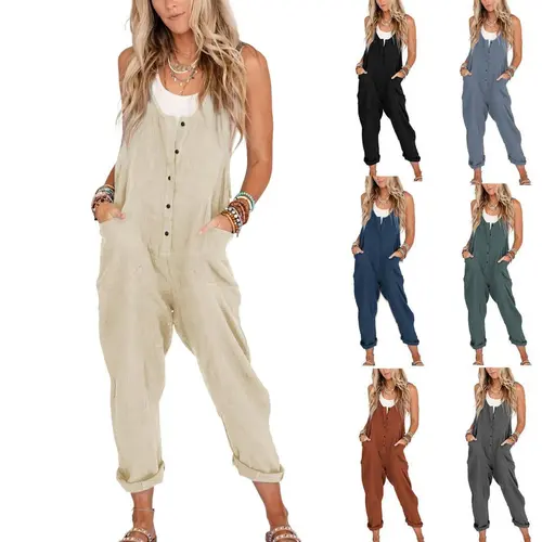 Yeokou Women's Sleeveless Button-Front Minimalist Solid Color Linen-Cotton Overalls - Adjustable, Loose, Body-Flattering Casual Jumpsuits with Button Pockets, Basic Clothes for Women