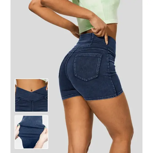 Halara Flex High Waisted Crossover Back Side Pocket Stretchy Knit Denim Casual Shorts 3" #BackToSchool
