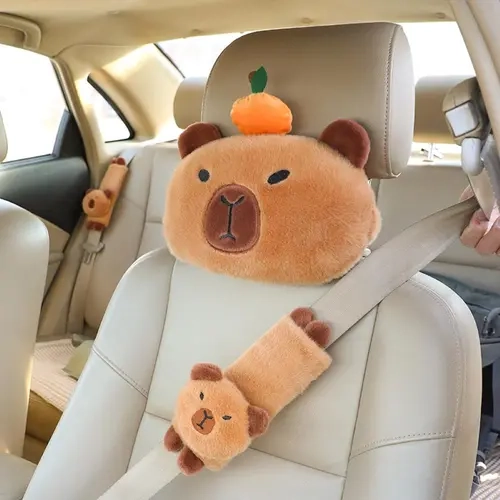 Car Seat Belt Cover Pad & Plush Car Neck Pillow, Cute Capybara Design Neck Pillow & Car Seat Belt Protector, Car Interior Accessories, Car Interior Decoration, Car Accessory