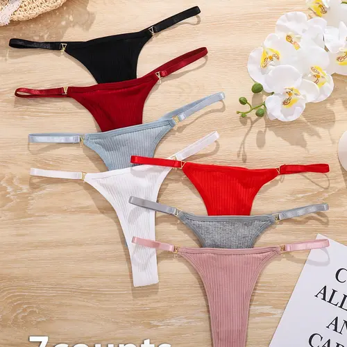 Women's Plain Elegant Chic Fitted Ring Linked Drop Waist Thong, 7/10/12/18 Counts Soft Comfy Breathable Panty Summer Knitting Knicker Panties for Daily Wear, Underwear for All Seasons, Underwear for Women, Womenswear