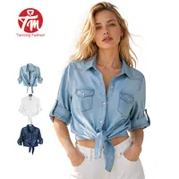 Tanming Women's 3/4 Sleeve Denim Tie Knot Crop Top | Y2K Western Button Down Shirt for Summer Outfits,summerwins,back to school,back to school shopping