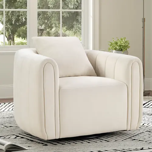 Ebello Swivel Feature Chair with Plump Pillow, Modern Channel Dutch Velvet Upholstery Chair, Comfortable Round Armchair, Swivel Bucket Chair for Kindergarten Living Room Bedroom