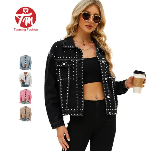 Tanming Women's Studded Denim Jacket  Y2K Edgy Streetwear  Cropped Vintage Punk Outerwear 2026 Trend Must-Have