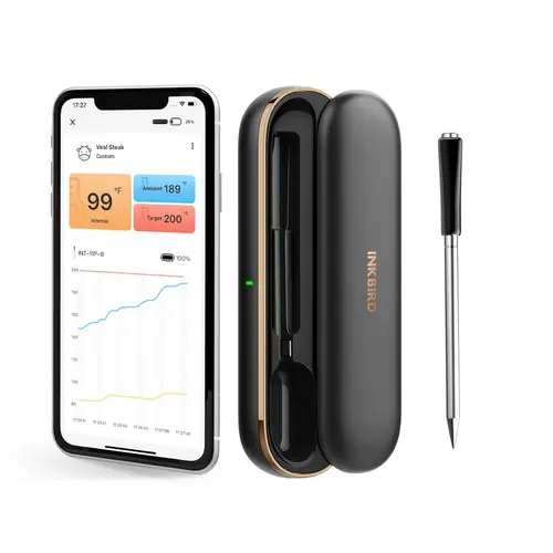 INKBIRD Wireless Bluetooth 5.1 Digital Meat Cooking Thermometer - 304 Steel Probe, Waterproof 304 Stainless Steel Kitchen Utensil, LED Display, Zirconia Handle, PVC-Free Ceramic-Coated Gadget with Prealarm Alerts for BBQ, Camping (Menus Compatible), Kitch