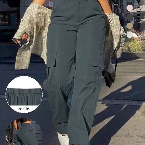 Women's Plain Flap Pocket Button High Waist Fit Cargo Pants with Pockets, Casual Elastic Waisted Style Elastic Waist Casual Chic Trousers for Fall & Winter, Ladies Bottoms for Daily Wear, Womenswear
