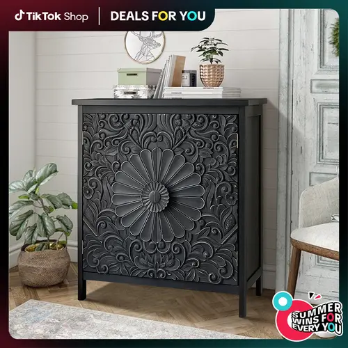PHIVILLA Black Accent Cabinet with 2 Carved Pattern Doors, Solid Wood Frame & Legs for Entryway and Living Room Furniture Design Interior Storage, DealsForYouDays