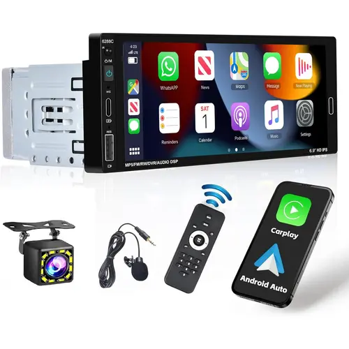 6.9 Inch Single Din Touch Screen Wireless Carplay Android Auto Radio - Bluetooth 5.0, Voice Control, Mirror Link, FM, EQ, SWC, USB, MIC, AUX-in Car-Mounted Infotainment Display Car Video Players, SummerVibes