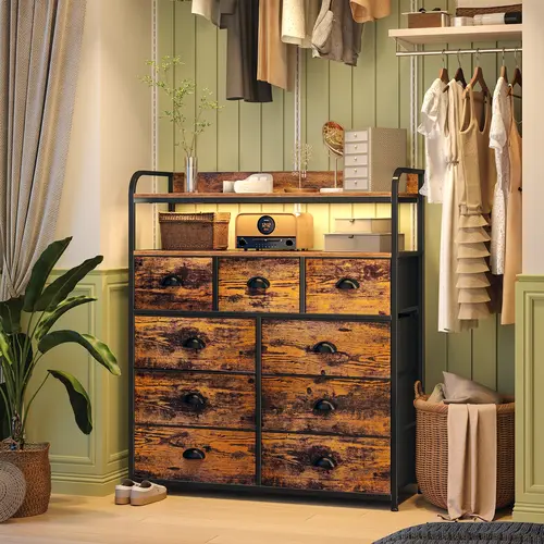 Raybee Furniture Tall 9-Drawer Storage Unit with 2 Shelves, Metal Frame & Wood Top - TV Stand Dresser, Chest Drawers, Storage Cabinet Chest, Freestanding Wood Cupboard, Fabric Organizer for Bedroom, Closet