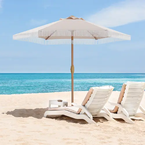 GDY 7.5 ft Patio Beach Umbrella No Umbrella Base, with Fringe Foldable Hand Crank Push-button System UPF 50+ Protection Water Resistant for Outdoor Home Use