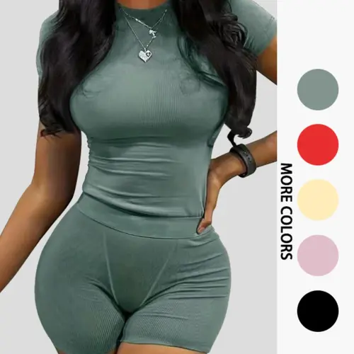 Women's Solid Ribbed Top & Skinny Shorts Set, Casual Comfy Round Neck Tee & Shorts For Yoga Gym Workout, Ladies Summer Clothes Fitness Wear Sportswear Set, Casual Activewear Set, Gym Yoga Outfit, Sports Outfits, Summer Training Wear