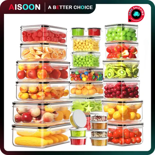 AISOON 40 Pcs Large Airtight Food Storage Container Set (20 Containers+20 Lids) - Square, Round, Rectangular, Leakproof, BPA-Free, Food-Safe Plastic, Fridge Organizer, Labels&Marker for Kitchen Organization, Fridge Organizer Food Storage
